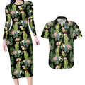 Aussie Santa Budgie Christmas Couples Matching Long Sleeve Bodycon Dress and Hawaiian Shirt Black Parakeet Tropical Floral