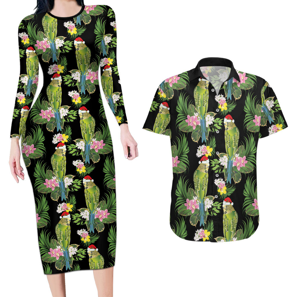 Aussie Santa Budgie Christmas Couples Matching Long Sleeve Bodycon Dress and Hawaiian Shirt Black Parakeet Tropical Floral
