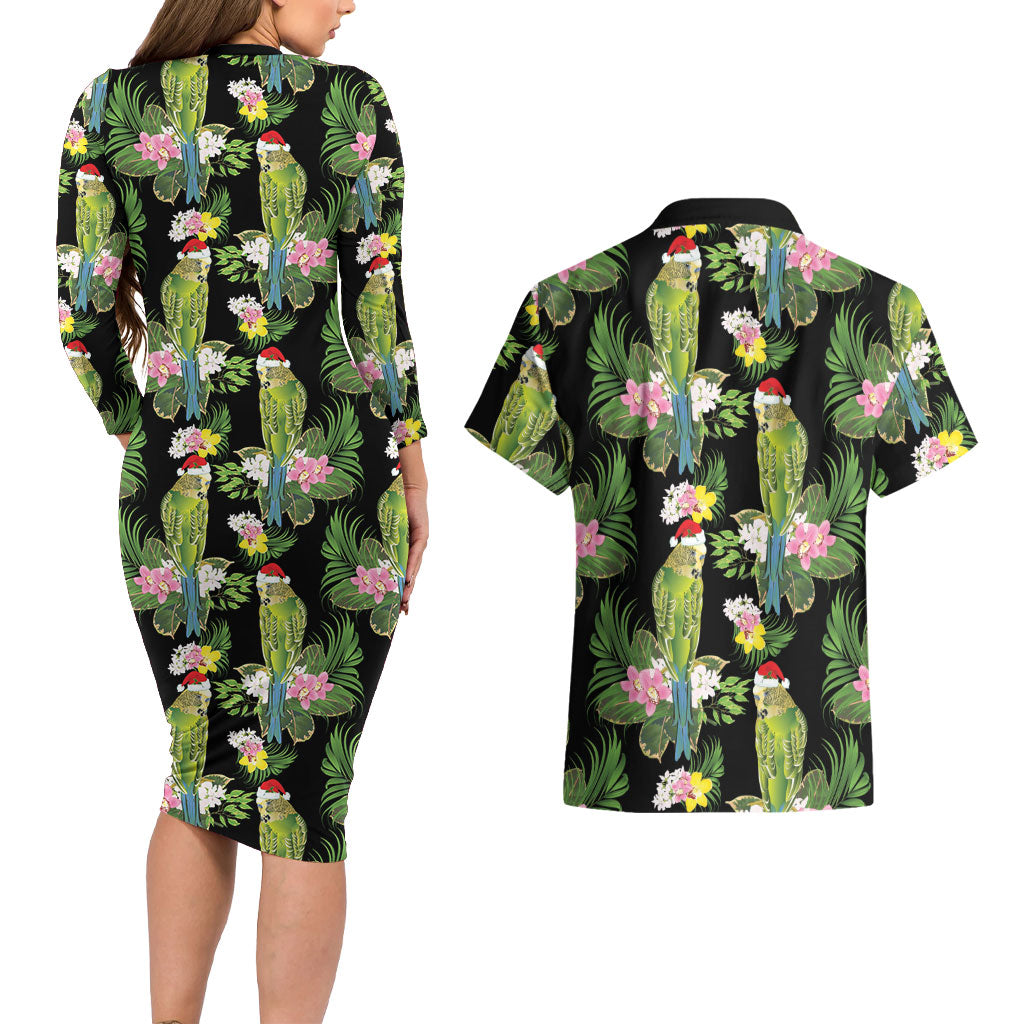 Aussie Santa Budgie Christmas Couples Matching Long Sleeve Bodycon Dress and Hawaiian Shirt Black Parakeet Tropical Floral