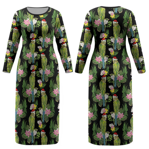 Aussie Santa Budgie Christmas Couples Matching Long Sleeve Bodycon Dress and Hawaiian Shirt Black Parakeet Tropical Floral LT9