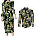 Aussie Santa Budgie Christmas Couples Matching Long Sleeve Bodycon Dress and Long Sleeve Button Shirt Black Parakeet Tropical Floral