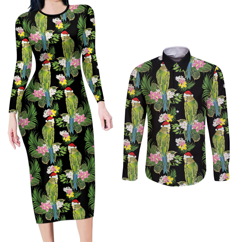 Aussie Santa Budgie Christmas Couples Matching Long Sleeve Bodycon Dress and Long Sleeve Button Shirt Black Parakeet Tropical Floral