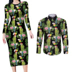 Aussie Santa Budgie Christmas Couples Matching Long Sleeve Bodycon Dress and Long Sleeve Button Shirt Black Parakeet Tropical Floral