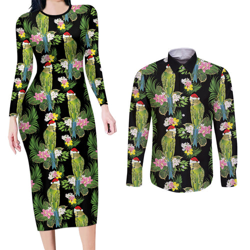 Aussie Santa Budgie Christmas Couples Matching Long Sleeve Bodycon Dress and Long Sleeve Button Shirt Black Parakeet Tropical Floral