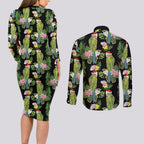 Aussie Santa Budgie Christmas Couples Matching Long Sleeve Bodycon Dress and Long Sleeve Button Shirt Black Parakeet Tropical Floral