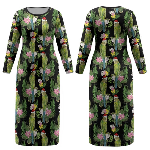 Aussie Santa Budgie Christmas Couples Matching Long Sleeve Bodycon Dress and Long Sleeve Button Shirt Black Parakeet Tropical Floral LT9