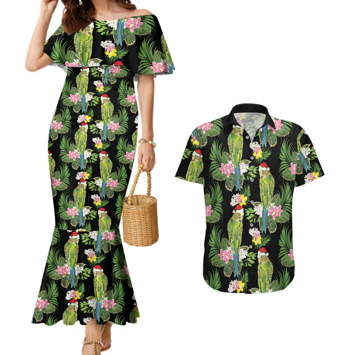 Aussie Santa Budgie Christmas Couples Matching Mermaid Dress and Hawaiian Shirt Black Parakeet Tropical Floral