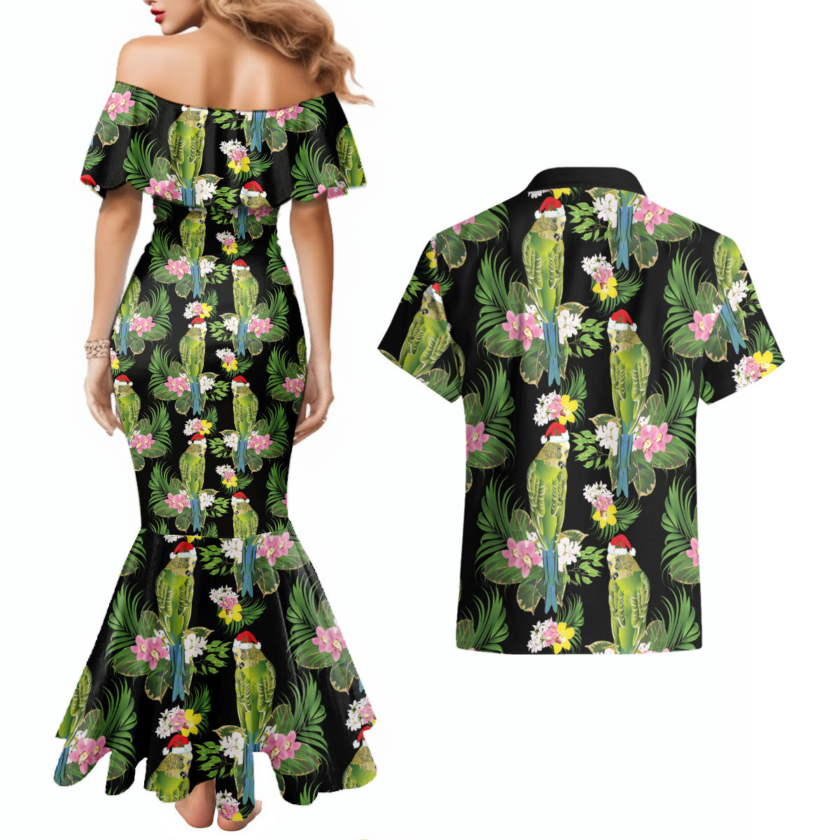 Aussie Santa Budgie Christmas Couples Matching Mermaid Dress and Hawaiian Shirt Black Parakeet Tropical Floral