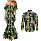 Aussie Santa Budgie Christmas Couples Matching Mermaid Dress and Long Sleeve Button Shirt Black Parakeet Tropical Floral