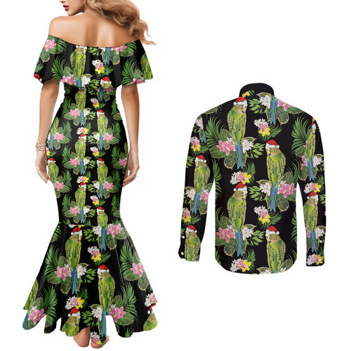 Aussie Santa Budgie Christmas Couples Matching Mermaid Dress and Long Sleeve Button Shirt Black Parakeet Tropical Floral