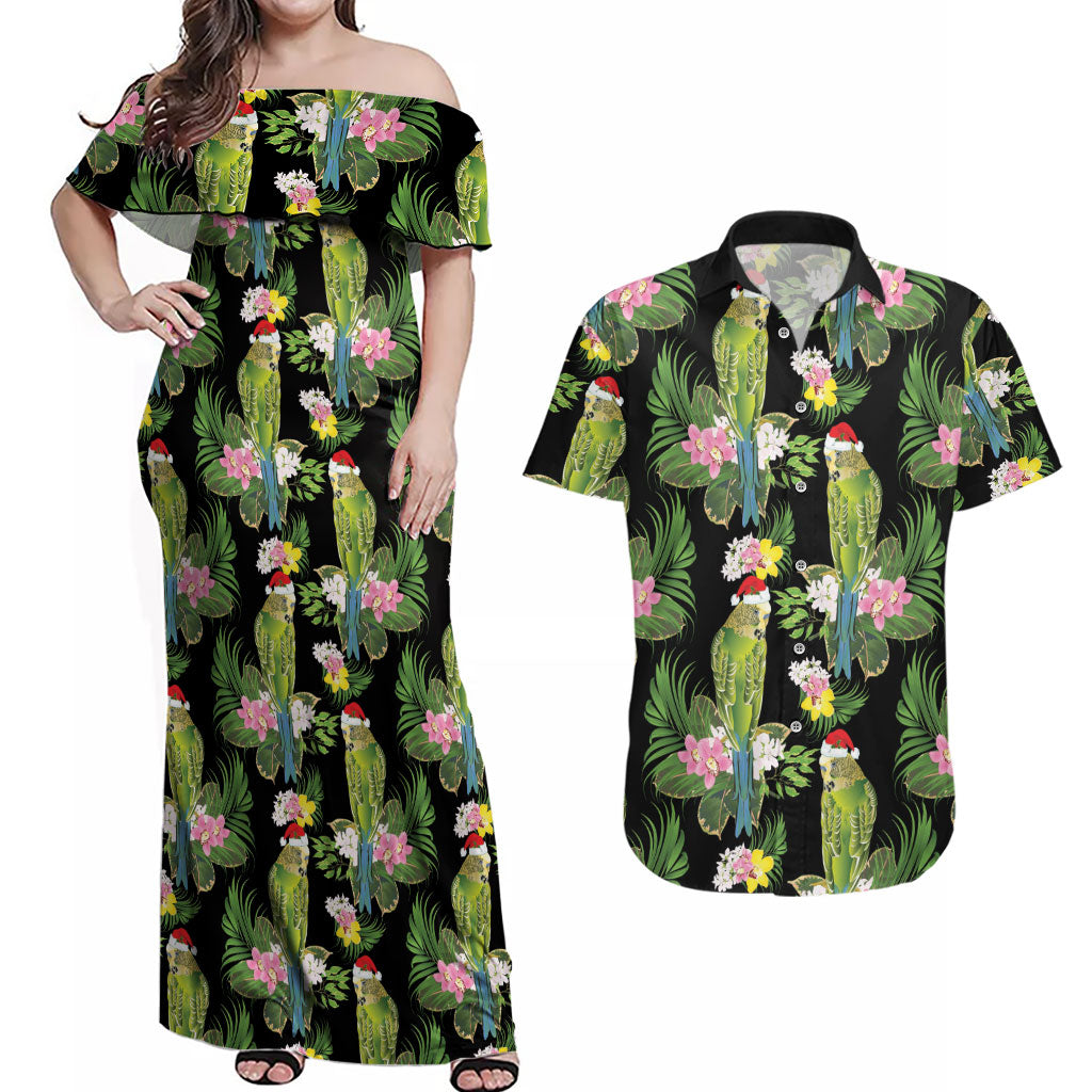 Aussie Santa Budgie Christmas Couples Matching Off Shoulder Maxi Dress and Hawaiian Shirt Black Parakeet Tropical Floral