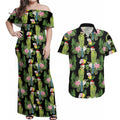 Aussie Santa Budgie Christmas Couples Matching Off Shoulder Maxi Dress and Hawaiian Shirt Black Parakeet Tropical Floral
