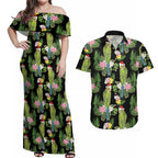 Aussie Santa Budgie Christmas Couples Matching Off Shoulder Maxi Dress and Hawaiian Shirt Black Parakeet Tropical Floral