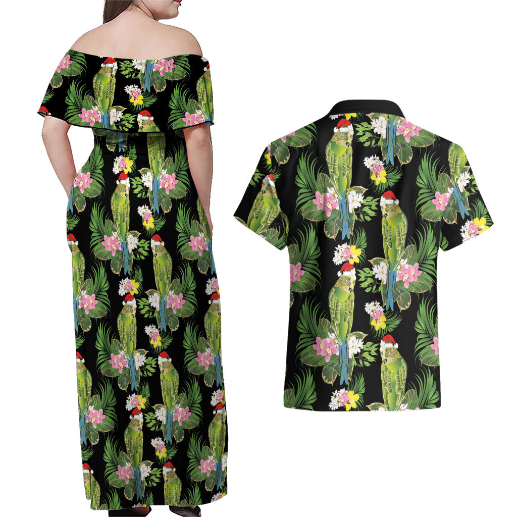 Aussie Santa Budgie Christmas Couples Matching Off Shoulder Maxi Dress and Hawaiian Shirt Black Parakeet Tropical Floral
