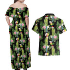 Aussie Santa Budgie Christmas Couples Matching Off Shoulder Maxi Dress and Hawaiian Shirt Black Parakeet Tropical Floral