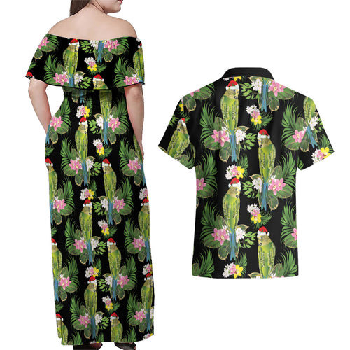 Aussie Santa Budgie Christmas Couples Matching Off Shoulder Maxi Dress and Hawaiian Shirt Black Parakeet Tropical Floral