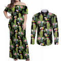 Aussie Santa Budgie Christmas Couples Matching Off Shoulder Maxi Dress and Long Sleeve Button Shirt Black Parakeet Tropical Floral