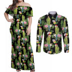 Aussie Santa Budgie Christmas Couples Matching Off Shoulder Maxi Dress and Long Sleeve Button Shirt Black Parakeet Tropical Floral
