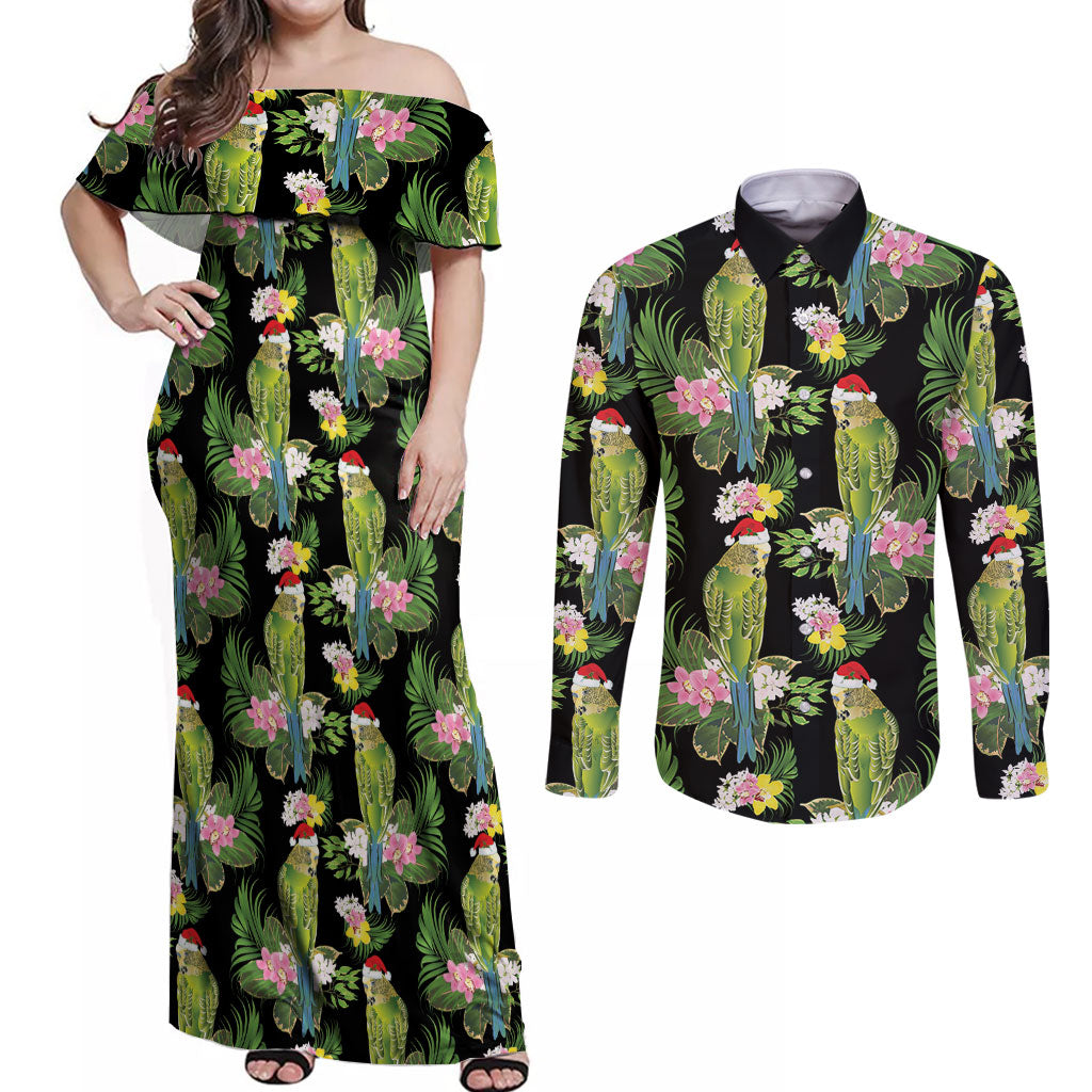 Aussie Santa Budgie Christmas Couples Matching Off Shoulder Maxi Dress and Long Sleeve Button Shirt Black Parakeet Tropical Floral
