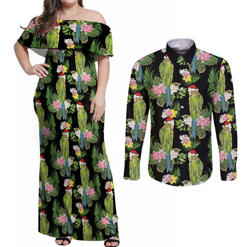 Aussie Santa Budgie Christmas Couples Matching Off Shoulder Maxi Dress and Long Sleeve Button Shirt Black Parakeet Tropical Floral
