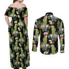 Aussie Santa Budgie Christmas Couples Matching Off Shoulder Maxi Dress and Long Sleeve Button Shirt Black Parakeet Tropical Floral