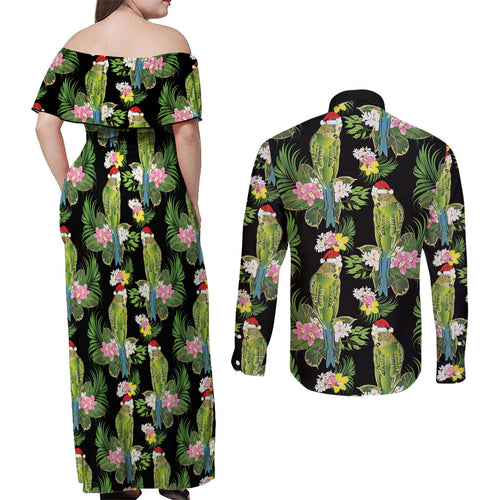 Aussie Santa Budgie Christmas Couples Matching Off Shoulder Maxi Dress and Long Sleeve Button Shirt Black Parakeet Tropical Floral