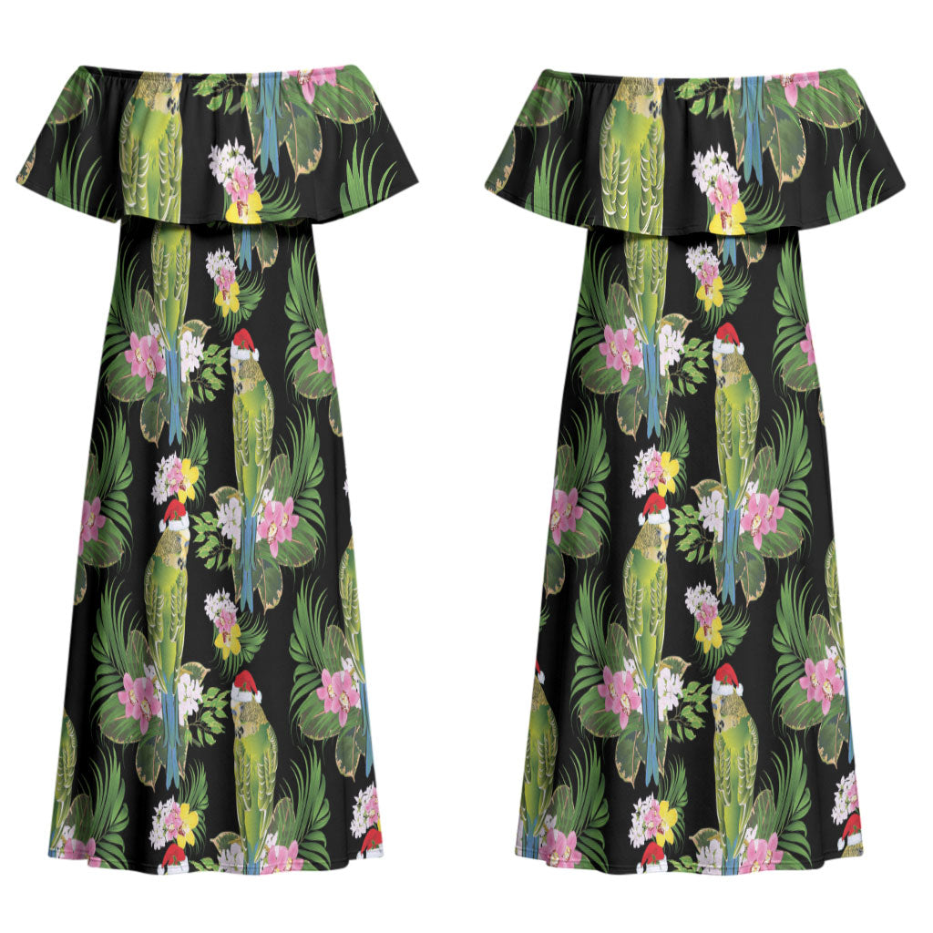 Aussie Santa Budgie Christmas Couples Matching Off Shoulder Maxi Dress and Long Sleeve Button Shirt Black Parakeet Tropical Floral LT9