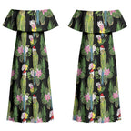 Aussie Santa Budgie Christmas Couples Matching Off Shoulder Maxi Dress and Long Sleeve Button Shirt Black Parakeet Tropical Floral LT9