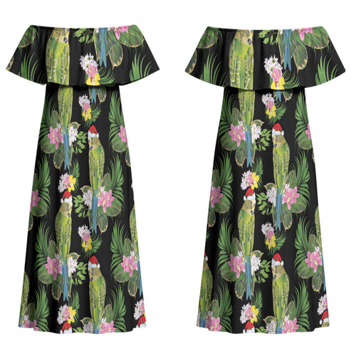Aussie Santa Budgie Christmas Couples Matching Off Shoulder Maxi Dress and Long Sleeve Button Shirt Black Parakeet Tropical Floral LT9