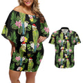 Aussie Santa Budgie Christmas Couples Matching Off Shoulder Short Dress and Hawaiian Shirt Black Parakeet Tropical Floral