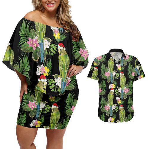 Aussie Santa Budgie Christmas Couples Matching Off Shoulder Short Dress and Hawaiian Shirt Black Parakeet Tropical Floral