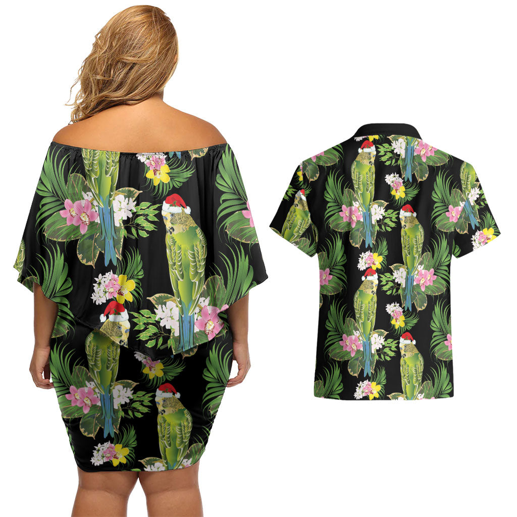 Aussie Santa Budgie Christmas Couples Matching Off Shoulder Short Dress and Hawaiian Shirt Black Parakeet Tropical Floral