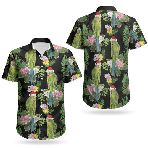 Aussie Santa Budgie Christmas Couples Matching Off Shoulder Short Dress and Hawaiian Shirt Black Parakeet Tropical Floral LT9