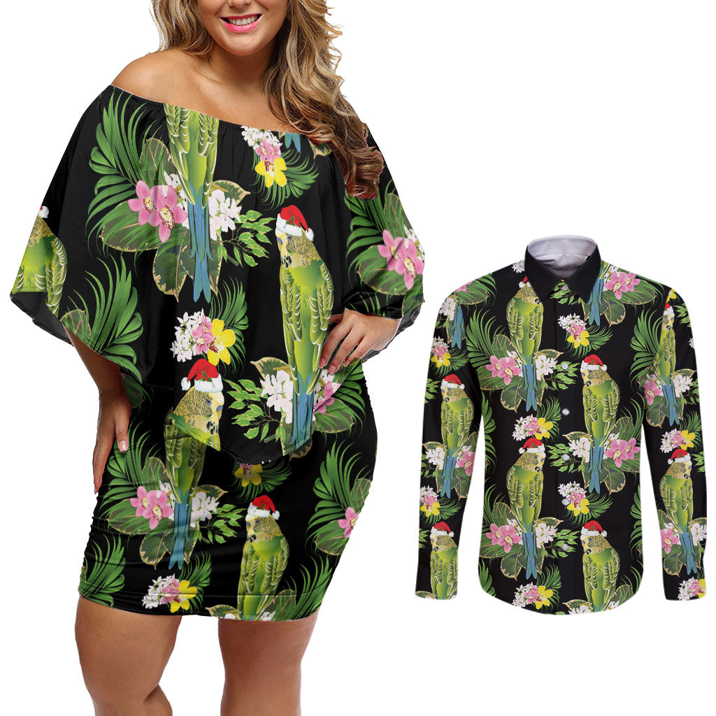 Aussie Santa Budgie Christmas Couples Matching Off Shoulder Short Dress and Long Sleeve Button Shirt Black Parakeet Tropical Floral