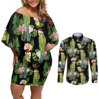 Aussie Santa Budgie Christmas Couples Matching Off Shoulder Short Dress and Long Sleeve Button Shirt Black Parakeet Tropical Floral