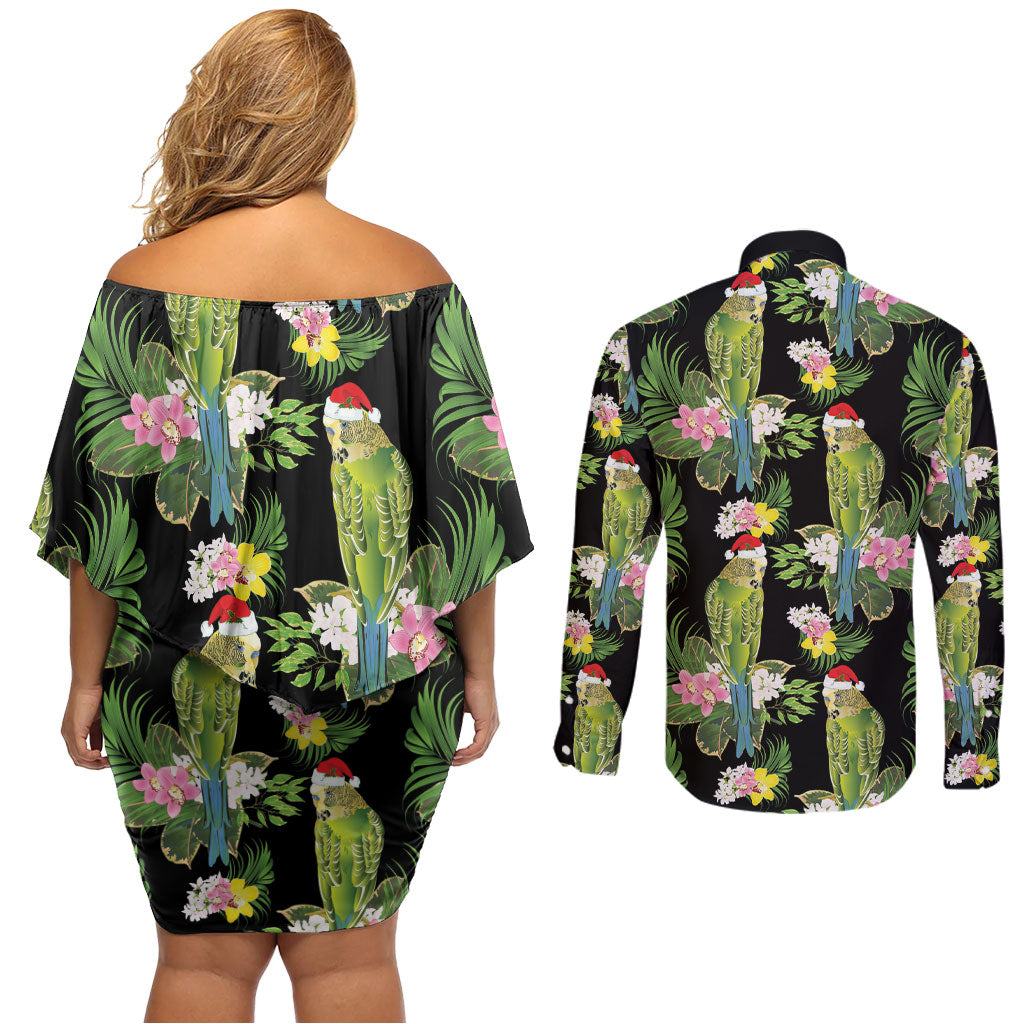 Aussie Santa Budgie Christmas Couples Matching Off Shoulder Short Dress and Long Sleeve Button Shirt Black Parakeet Tropical Floral