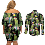 Aussie Santa Budgie Christmas Couples Matching Off Shoulder Short Dress and Long Sleeve Button Shirt Black Parakeet Tropical Floral