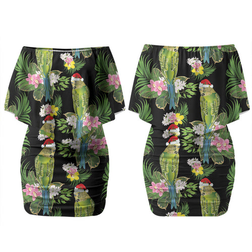 Aussie Santa Budgie Christmas Couples Matching Off Shoulder Short Dress and Long Sleeve Button Shirt Black Parakeet Tropical Floral LT9