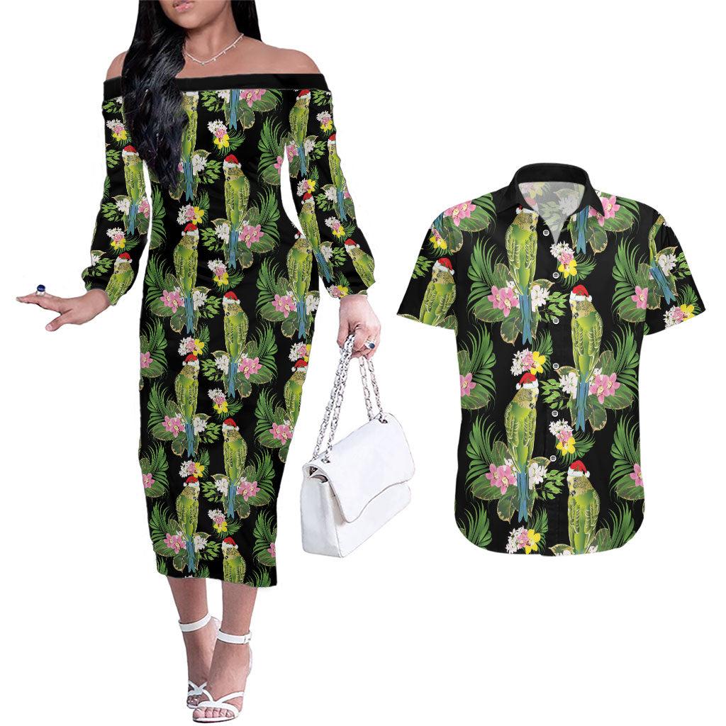 Aussie Santa Budgie Christmas Couples Matching Off The Shoulder Long Sleeve Dress and Hawaiian Shirt Black Parakeet Tropical Floral