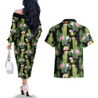 Aussie Santa Budgie Christmas Couples Matching Off The Shoulder Long Sleeve Dress and Hawaiian Shirt Black Parakeet Tropical Floral