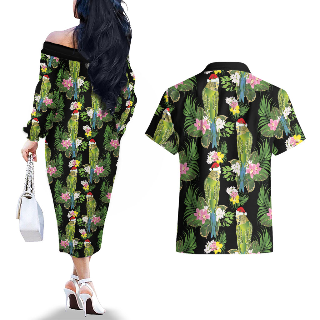 Aussie Santa Budgie Christmas Couples Matching Off The Shoulder Long Sleeve Dress and Hawaiian Shirt Black Parakeet Tropical Floral