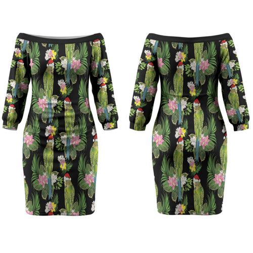 Aussie Santa Budgie Christmas Couples Matching Off The Shoulder Long Sleeve Dress and Hawaiian Shirt Black Parakeet Tropical Floral LT9