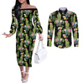 Aussie Santa Budgie Christmas Couples Matching Off The Shoulder Long Sleeve Dress and Long Sleeve Button Shirt Black Parakeet Tropical Floral