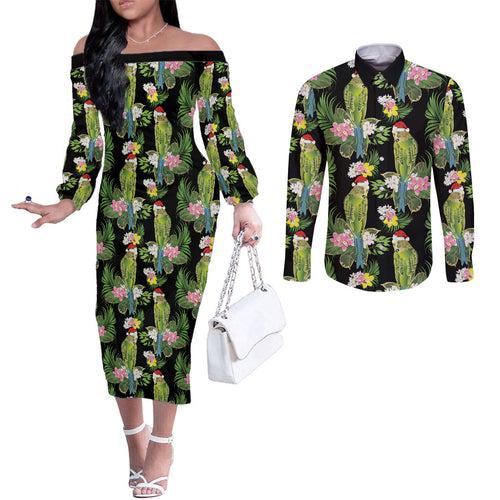 Aussie Santa Budgie Christmas Couples Matching Off The Shoulder Long Sleeve Dress and Long Sleeve Button Shirt Black Parakeet Tropical Floral