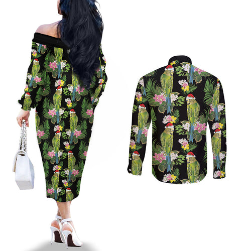 Aussie Santa Budgie Christmas Couples Matching Off The Shoulder Long Sleeve Dress and Long Sleeve Button Shirt Black Parakeet Tropical Floral