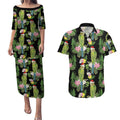 Aussie Santa Budgie Christmas Couples Matching Puletasi and Hawaiian Shirt Black Parakeet Tropical Floral