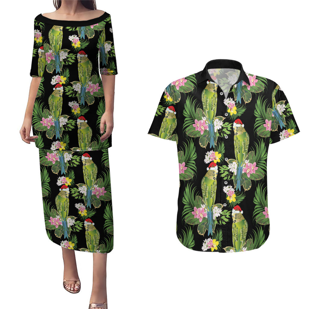 Aussie Santa Budgie Christmas Couples Matching Puletasi and Hawaiian Shirt Black Parakeet Tropical Floral
