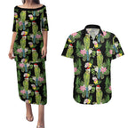Aussie Santa Budgie Christmas Couples Matching Puletasi and Hawaiian Shirt Black Parakeet Tropical Floral