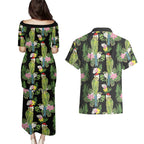 Aussie Santa Budgie Christmas Couples Matching Puletasi and Hawaiian Shirt Black Parakeet Tropical Floral