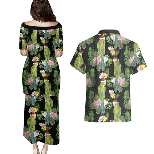 Aussie Santa Budgie Christmas Couples Matching Puletasi and Hawaiian Shirt Black Parakeet Tropical Floral